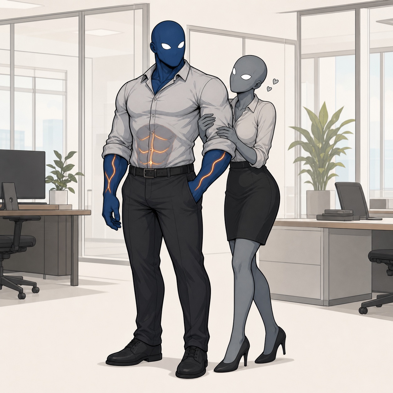 The navy furnace hero in the office as a colleague admiringly squeezes his bicep