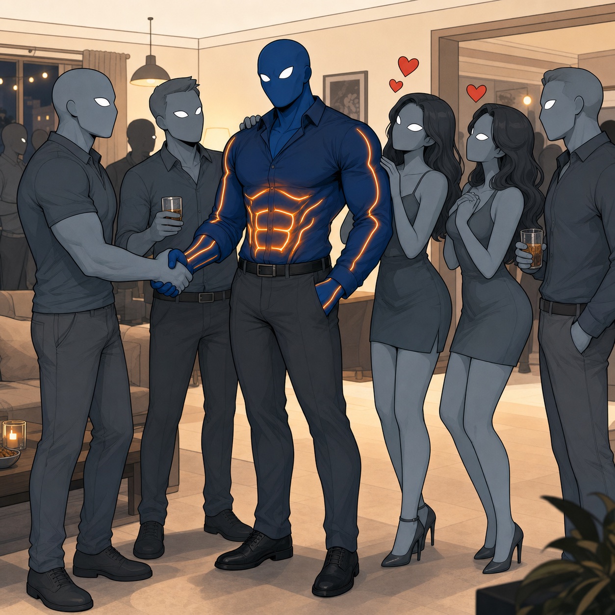 The furnace hero at a social gathering, men and women turning to admire him