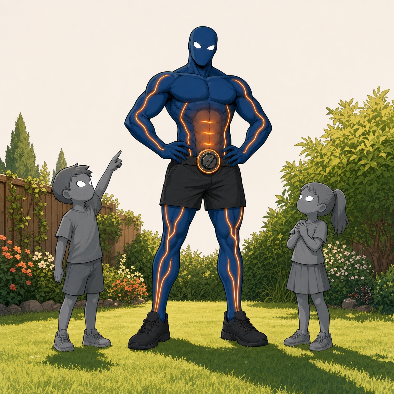 The navy furnace hero standing tall while two kids look up at him in awe